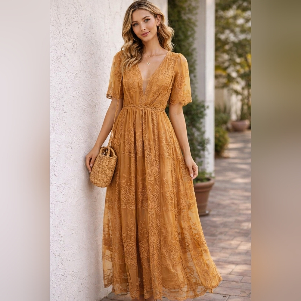 HYFVE Mustard Embroidered V-Neck Maxi Dress